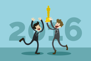 Desenho de dois homens segurando um Oscar e celebrando