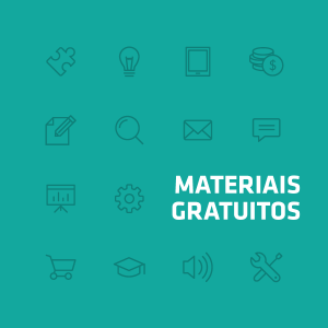 Imagem de fundo azul esverdeado e ícones como lupa e lâmpada escrito "materiais gratuitos"