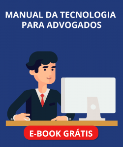 Capa do e-book "Manual da tecnologia para advogados" com desenho de advogado em frente a computador