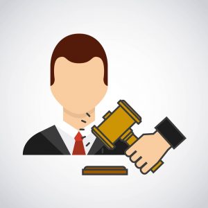 Desenho de juiz sem rosto com martelo em primeiro plano para ilustrar por que é importante participar das conferências e eventos jurídicos