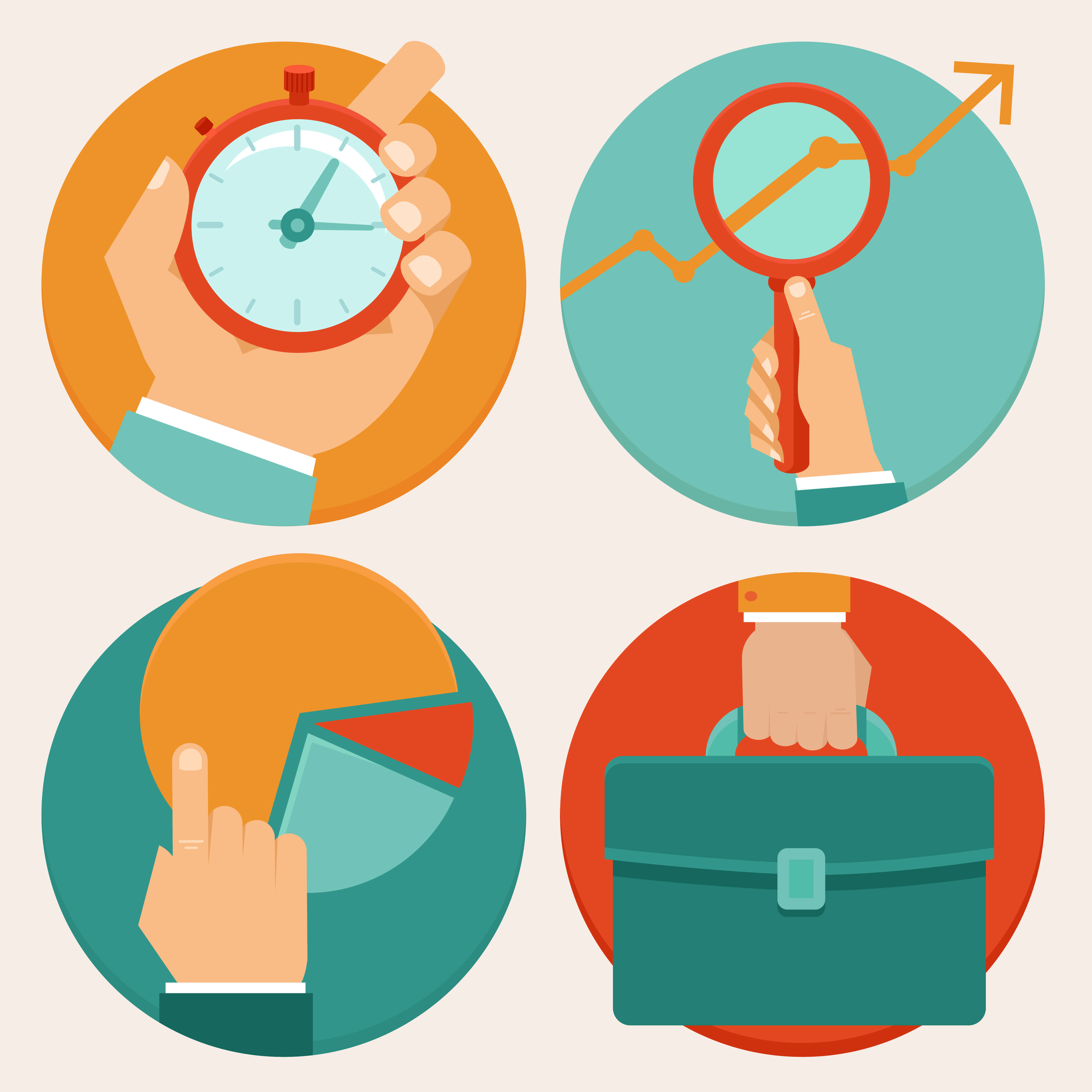 Desenhos de mão legurando um relógio, uma lupa, um gráfico pizza e uma bolsa tipo pasta para ilustrar como evitar falhas e atrasos nas rotinas de trabalho jurídicas
