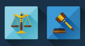 Desenho de balança e de martelo da Justiça em imagem de fundo azul escuro representando tudo o que você precisa saber sobre um sistema de inteligência jurídica