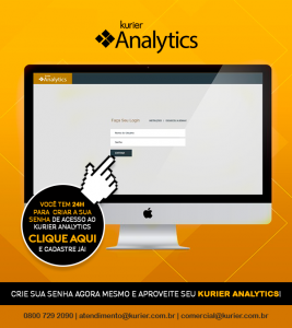 Imagem de tela de computador em fundo laranja com texto escrito "Kurier Analytics confira abaixo o seu login de acesso e clique aqui para criar sua senha agora mesmo e aproveitar o K-Analytics"