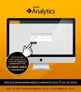 Imagem de tela de computador em fundo laranja com texto escrito "Kurier Analytics confira abaixo o seu login de acesso e clique aqui para criar sua senha agora mesmo e aproveitar o K-Analytics"