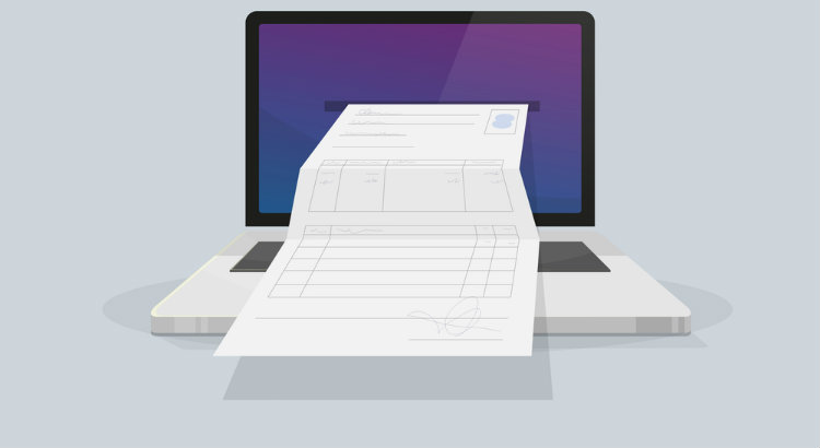 Desenho de um notebook e um documento saindo da tela para ilustrar a automatização de documentos