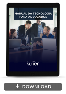 Imagem de tablet mostrando a capa do e-book "manual da tecnologia para advogados"