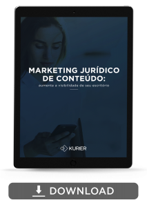 Tablet mostrando a capa do e-book "marketing jurídico de conteúdo"