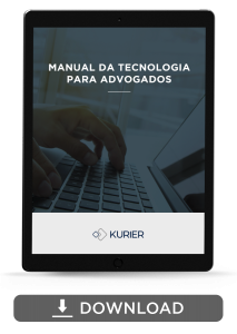Tablet mostrando a capa do "manual da tecnologia para advogados"