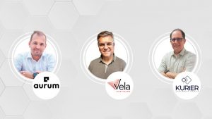 Imagem mostrando três representantes das empresas Aurum, Vela Software e Kurier Tecnologia