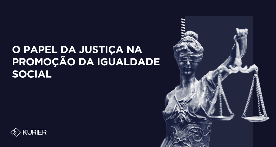 Imagem em fundo azul escuro com Justiça segurando a balança e texto escrito "o papel da justiça na promoção da igualdade social"