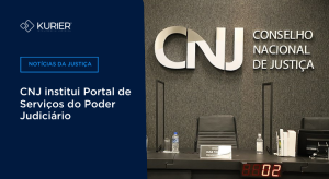 Imagem do plenário do CNJ vazio com texto escrito CNJ institui Portal de Serviços do Poder Judiciário