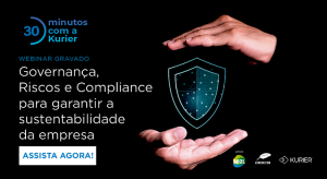 Imagem de duas mãos segurando um escudo, fazendo menção à proteção de dados e texto escrito Governança, Riscos e Compliance para garantir a sustentabilidade da empresa