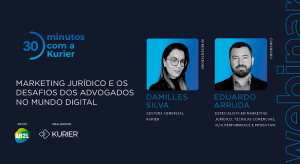 Imagem com fundo azul escuro e foto dos participantes do webinar e texto escrito: "Marketing Jurídico e Os Desafios dos Advogados no Mundo Digital"