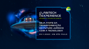 Imagem de disco voador e informações sobre o evento AB2L Lawtech Experience em fundo azul escuro, remetendo ao céu