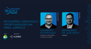 Imagem com fundo azul e foto dos dois participantes do webinar com título escrito "metaverso desafios e oportunidades na área jurídica