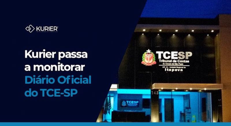 Imagem do TCE-SP à noite, iluminado e título "Kurier passa a monitorar Diário Oficial do TCE-SP"