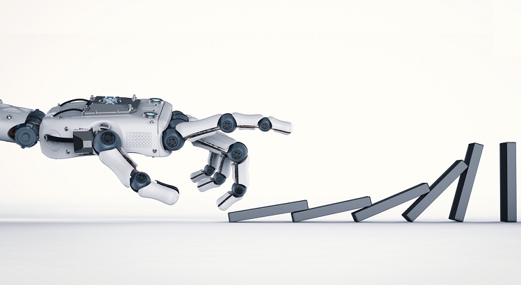 Imagem de braço robótico empurrando dominó representando os impactos da tecnologia na área jurídica