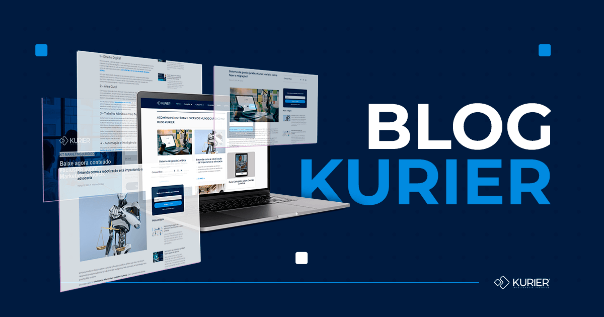 Imagem com fundo azul e diversas telas representando imagens do Blog Kurier
