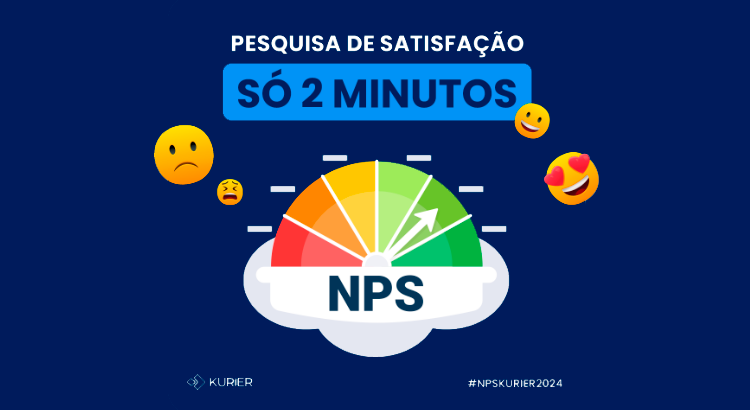Imagem com fundo azul, emojis diveros e régua de pesquisa NPS com texto escrito "pesquisa de satisfação só 2 minutos"